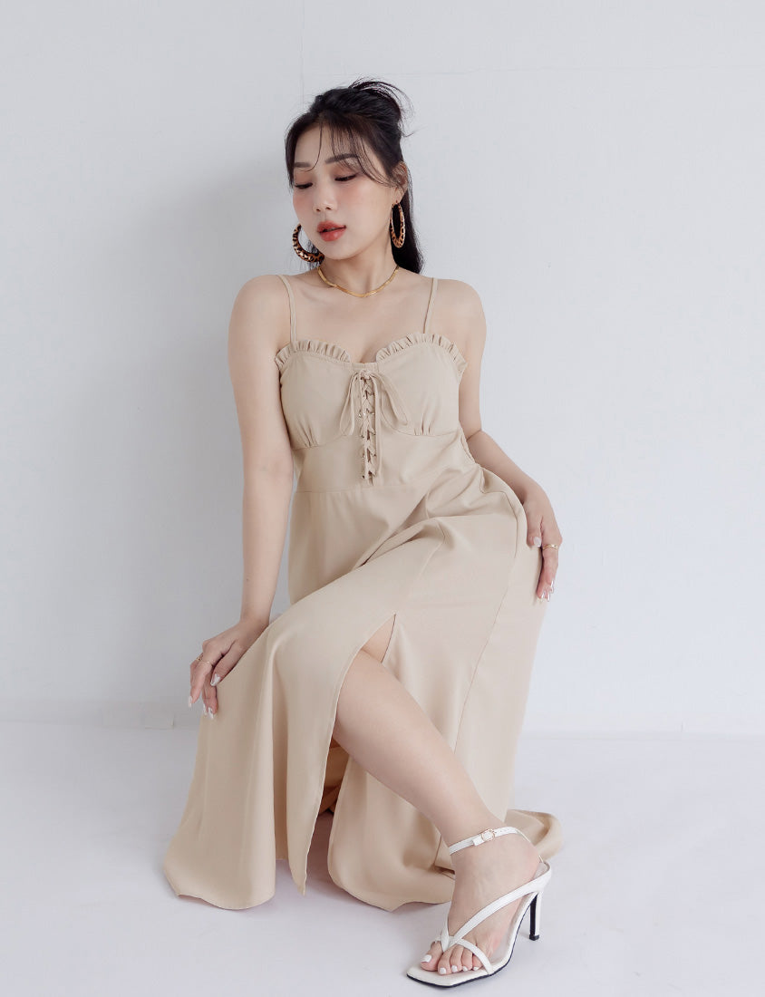 MUA! Ruffle Corset Front Slit Plus Size Maxi Dress