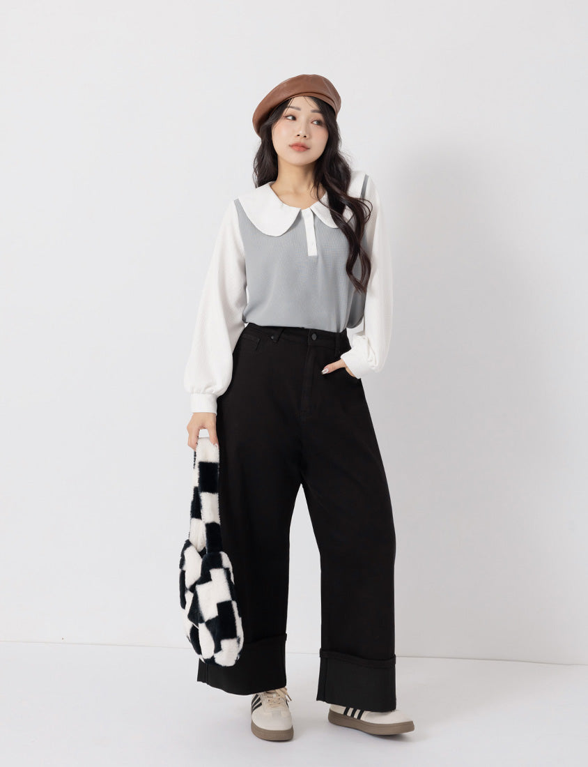 Japanese Style Large Cuffs A-Line Plus Size Denim Wide Leg Pants