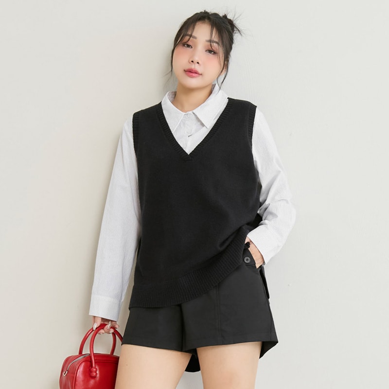 Versatile Multicolor V-Neck Mid-Length Plus Size Knit Vest