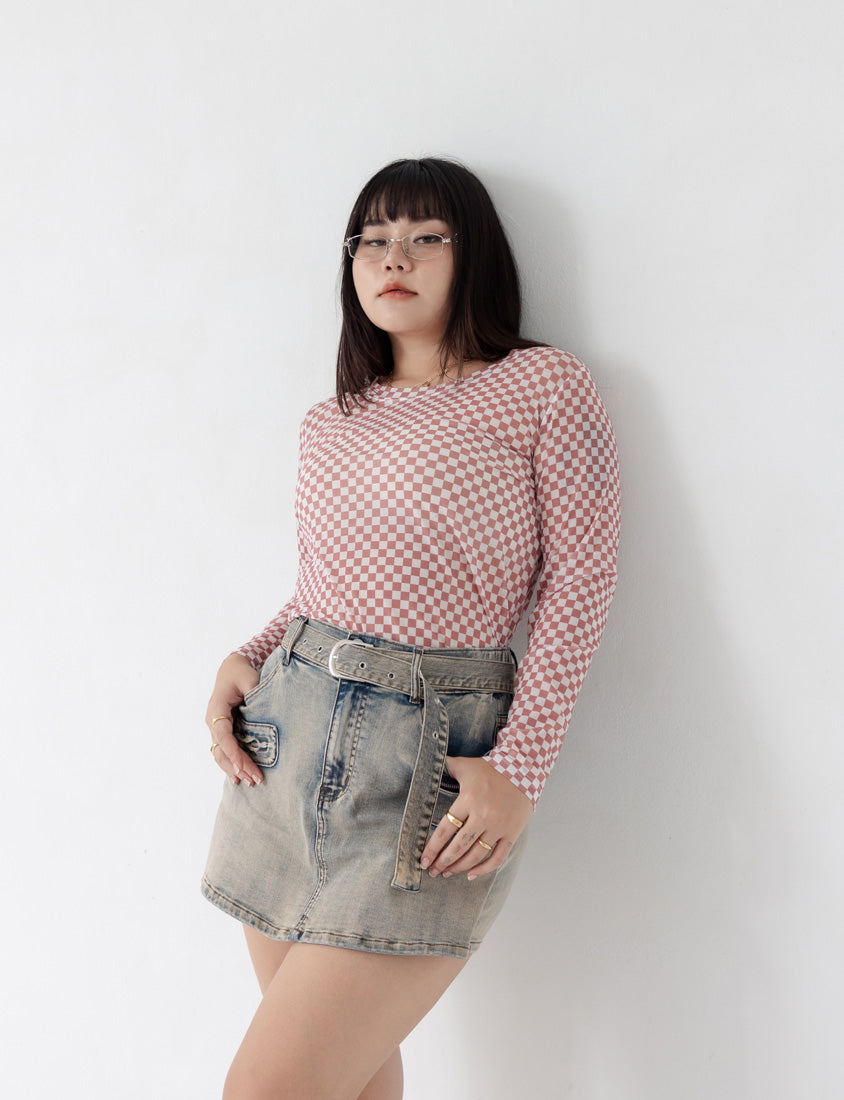MUA! Sexy Checkered Mesh Long Sleeve Plus Size Top