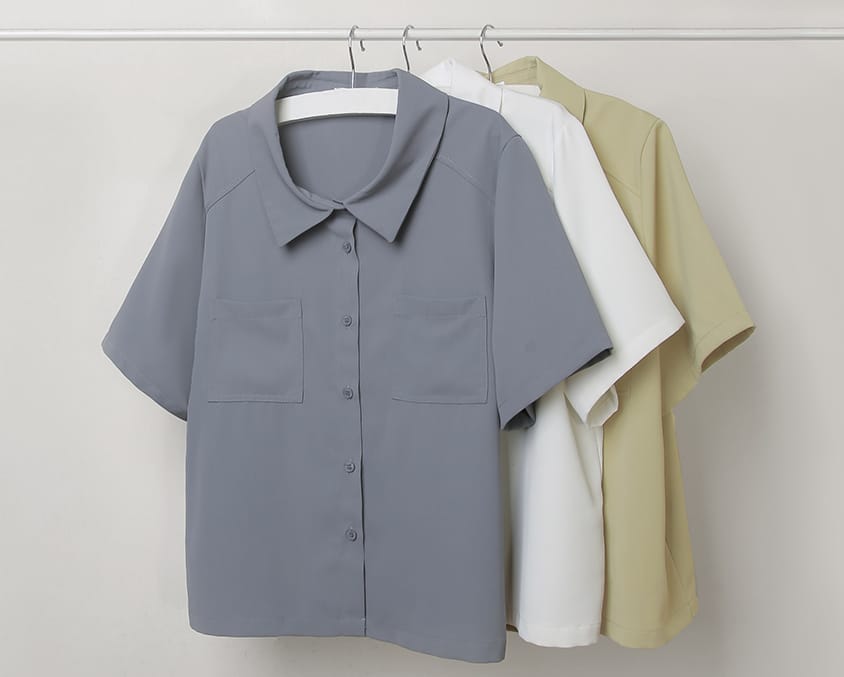 MISS. Drop Shoulder Stitching Double Pocket Plus Size Short Sleeve Shirt