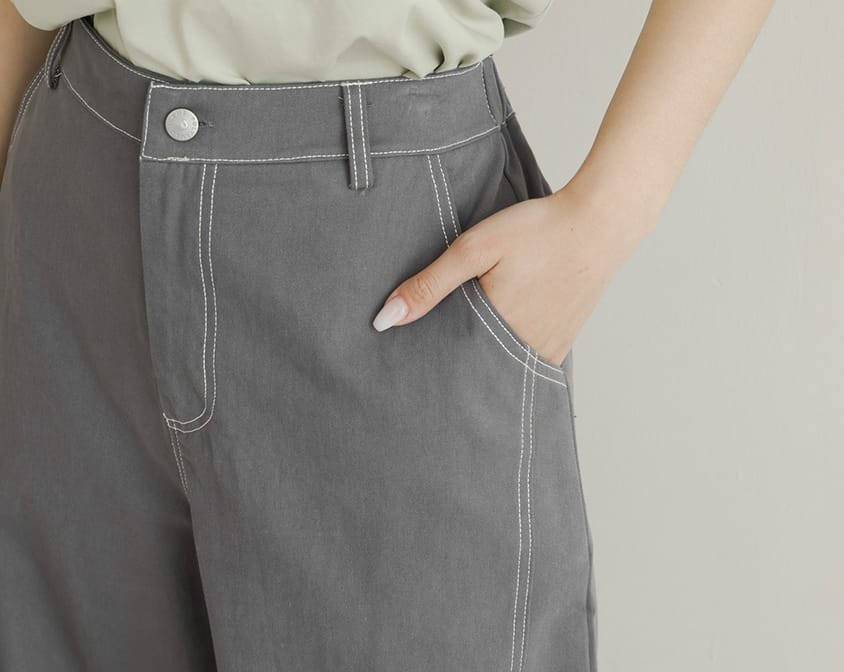 Color-Block Stitched Twill Cotton Straight-Leg Plus Size Pants