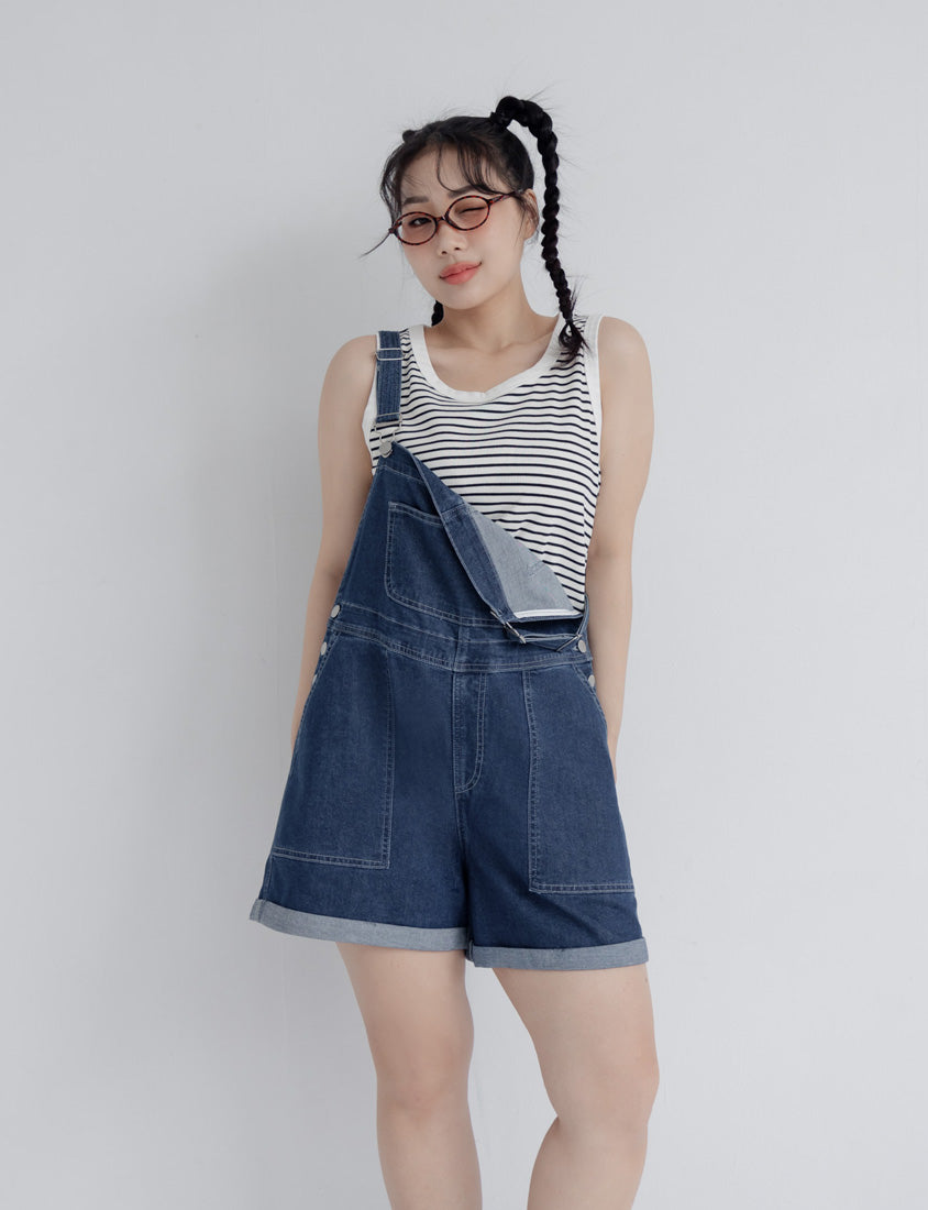 Adjustable Cuffed Denim Plus Size Overall Shorts