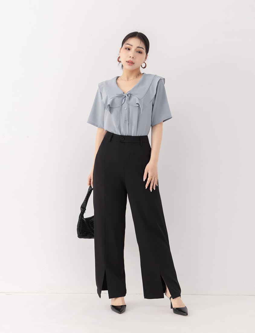 MISS. Heart Buttons Front Tie Ruffle Collar Plus Size Blouse