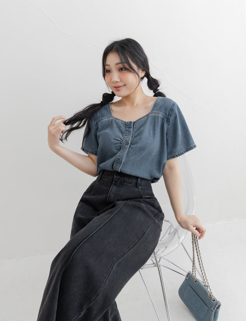 Front Ruched Button-Up Plus Size Denim Top