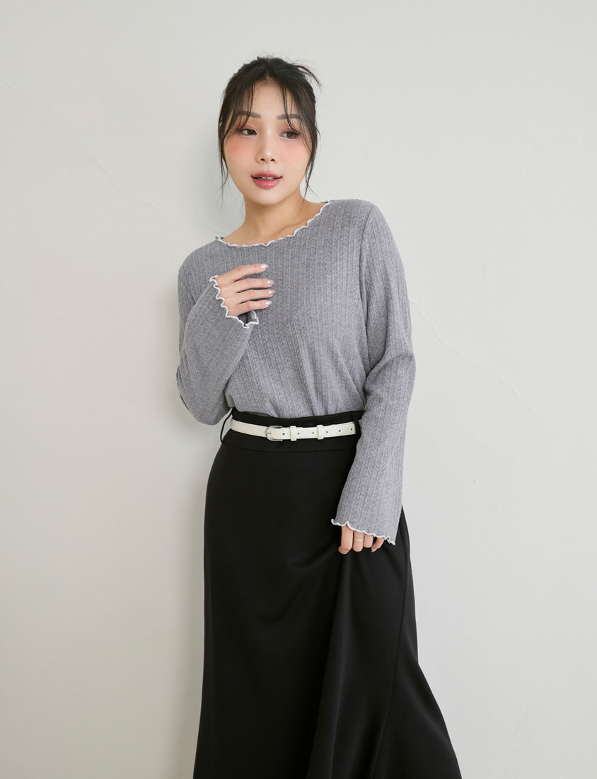 Contrast Lettuce-Edge Jacquard Plus Size Long Sleeve Top