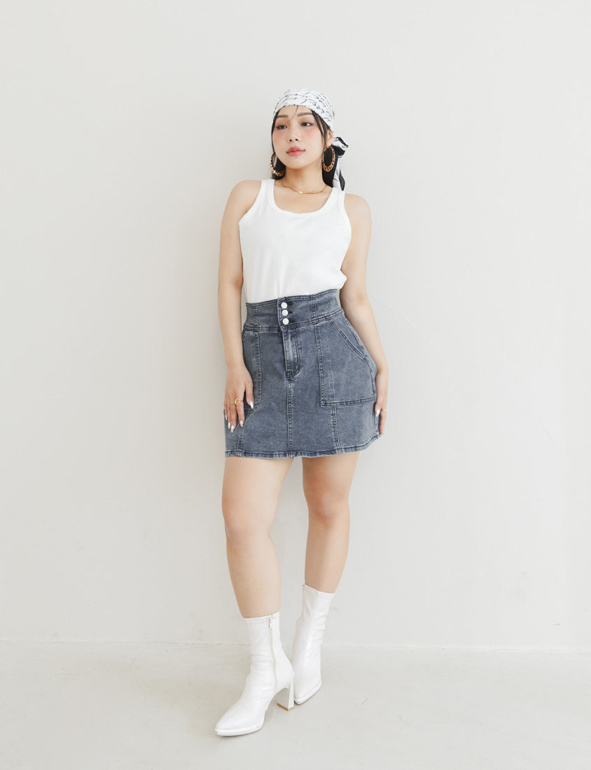 MUA! Ultra Stretch High Waist Washed Denim Plus Size Mini Skirt (With Pants)