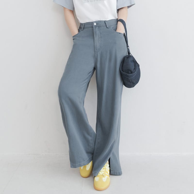 Lyocell Cooling Contrast Stitch Slit Plus Size Wide-Leg Pants