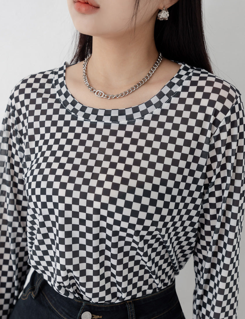 MUA! Sexy Checkered Mesh Long Sleeve Plus Size Top