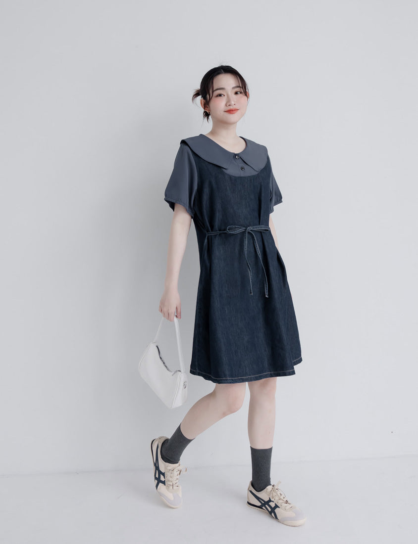 Faux Two-Piece Denim Collar Waist-Tie Plus Size Dress