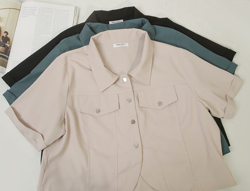 Curved Hem Stitched Plus Size Cuffed Shirt
