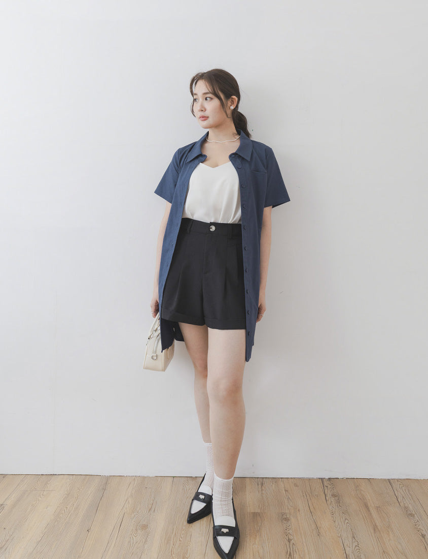 MISS. Korean-Style Button-Front Contrast Stitch Plus Size Dress (with Waist Tie)