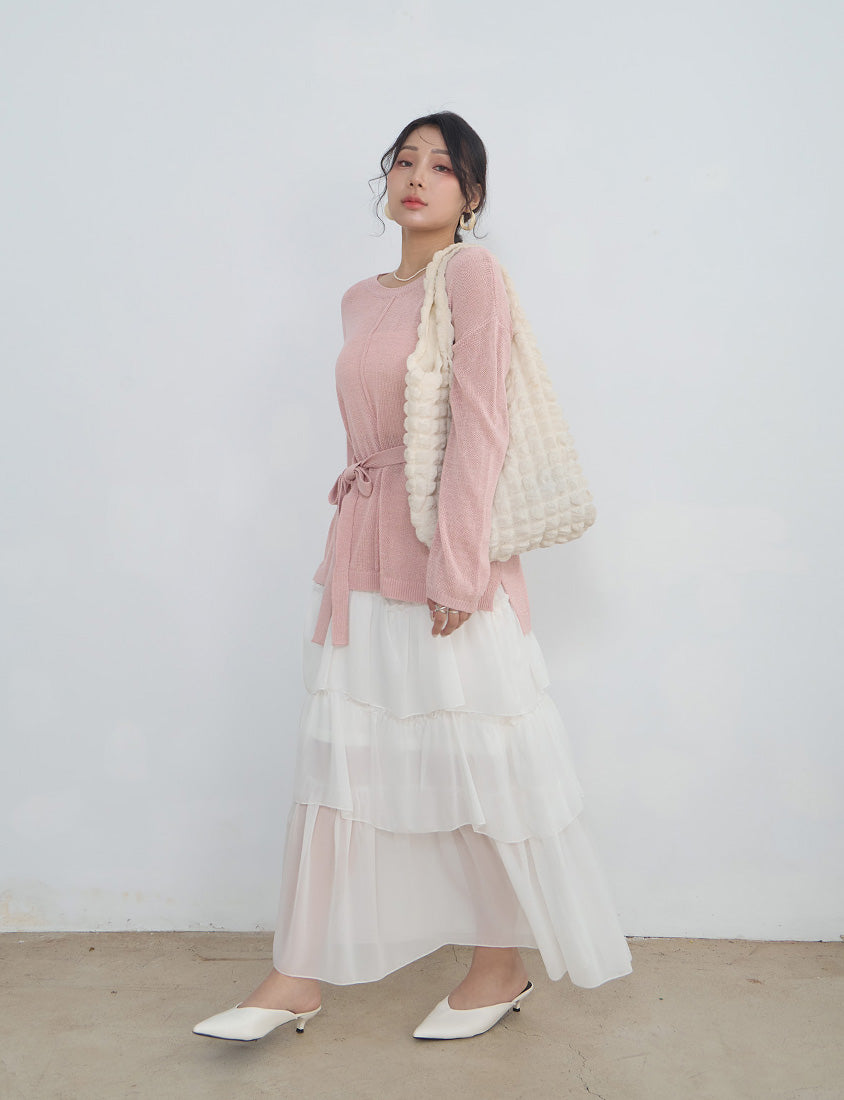 MISS. Korean Sheer Knit Plus Size Long Sleeve Top (with Waist Tie)