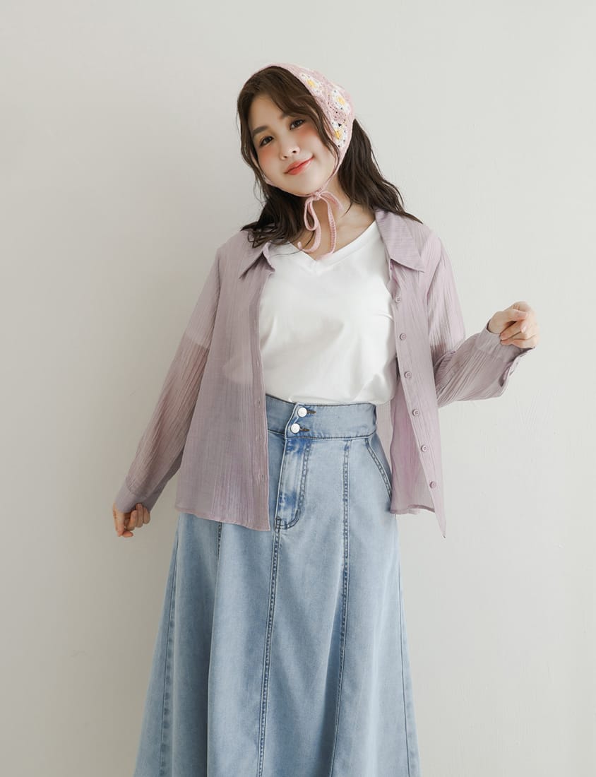 Crinkled Texture Sheer Tie-Back Plus Size Long Sleeve Shirt