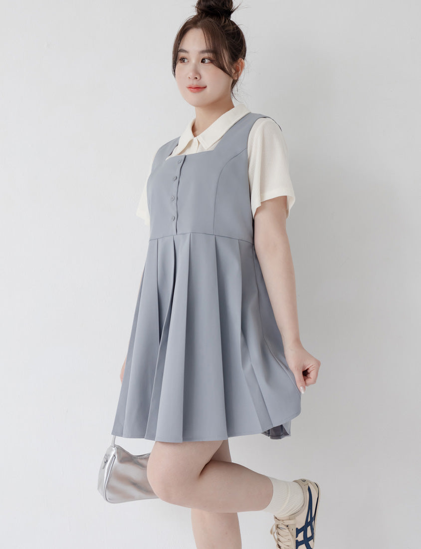 Square Neck Button Pleated Plus Size Mini Dress