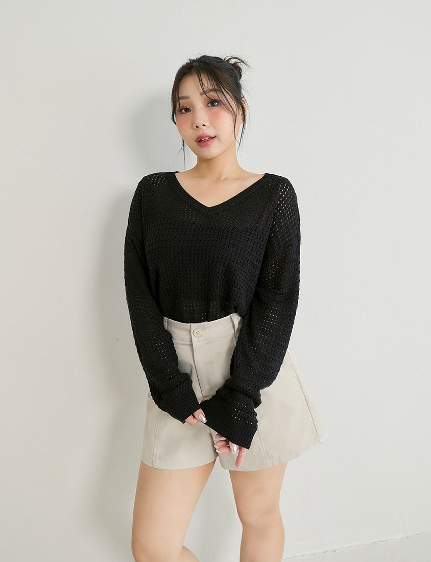 Anti-Pilling V-Neck Eyelet Plus Size Knit Top