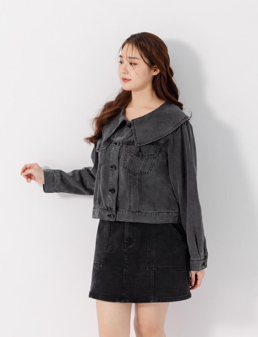 Korean Style Statement Collar Button-Down Plus Size Denim Jacket