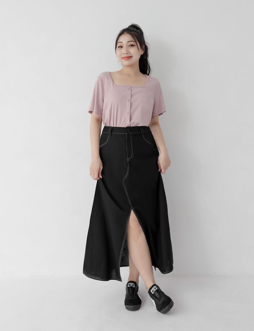 Multi-Color Ribbed Square Neck Faux Button Plus Size Top
