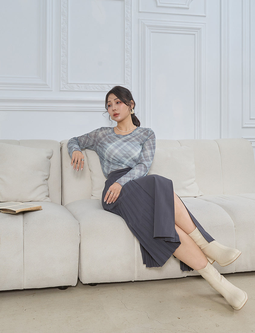 MISS. Vintage Sheer Checkered Plus Size Long Sleeve Top