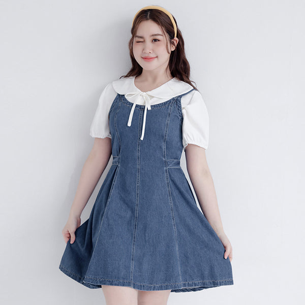 Adjustable Back Elastic Waist Plus Size Denim Mini Dress
