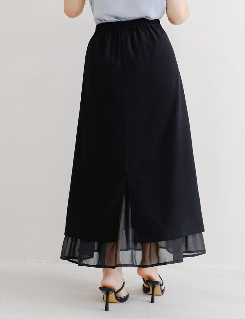 MISS. Back Elastic Waist Slit Multi-Layered Plus Size Maxi Skirt