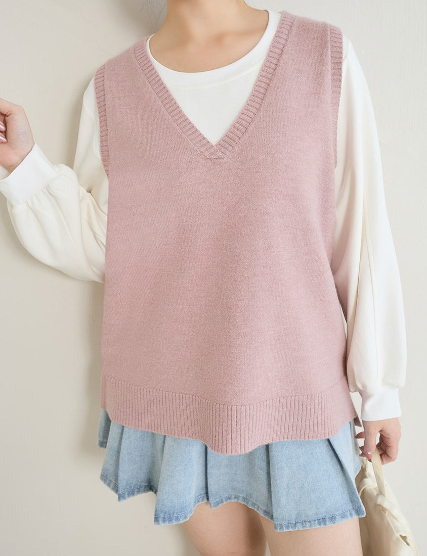 Versatile Multicolor V-Neck Mid-Length Plus Size Knit Vest