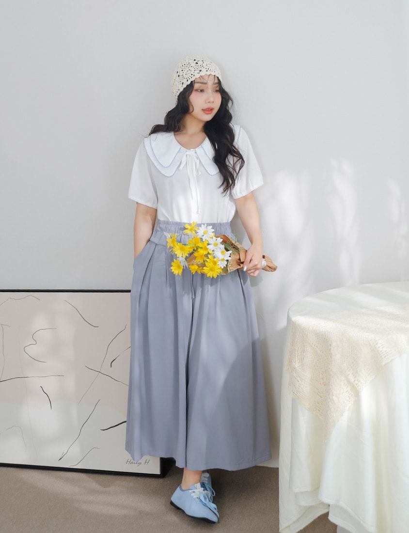 Full Elastic Waist Chiffon Plus Size Wide-Leg Pants