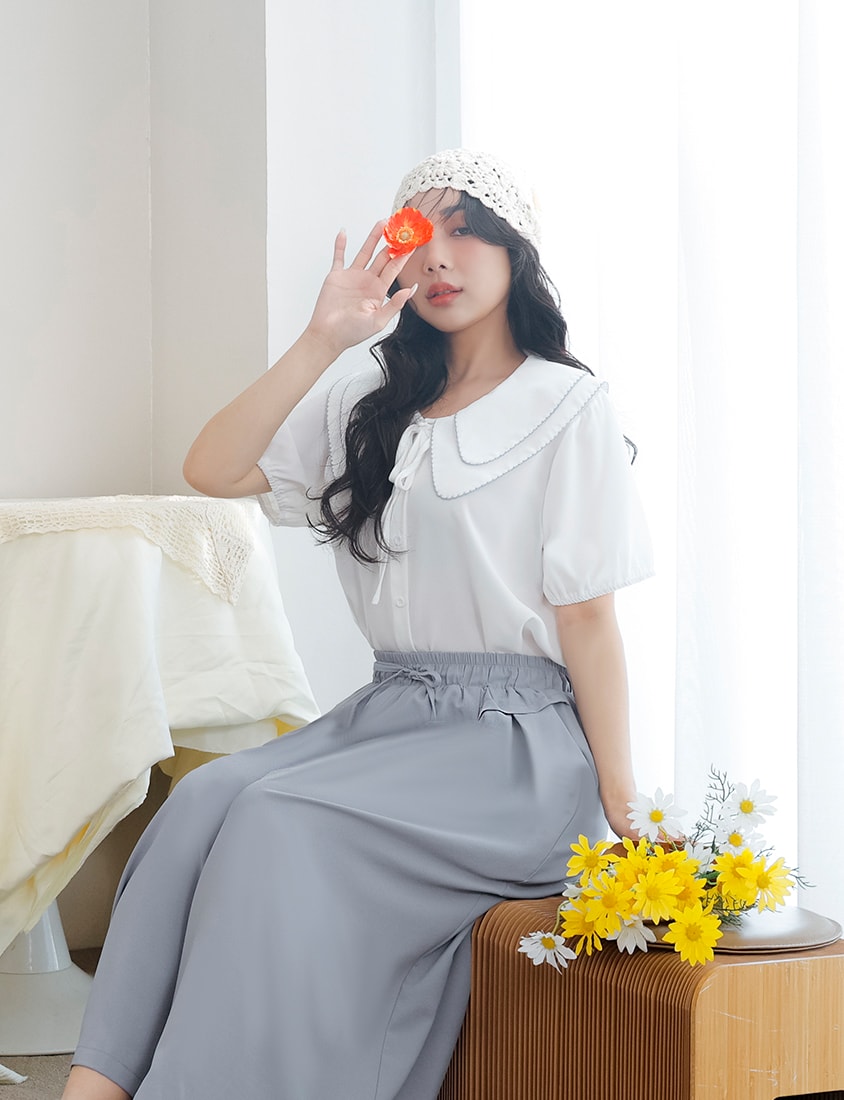 Double Layer Collar Tie Puff Sleeve Plus Size Blouse
