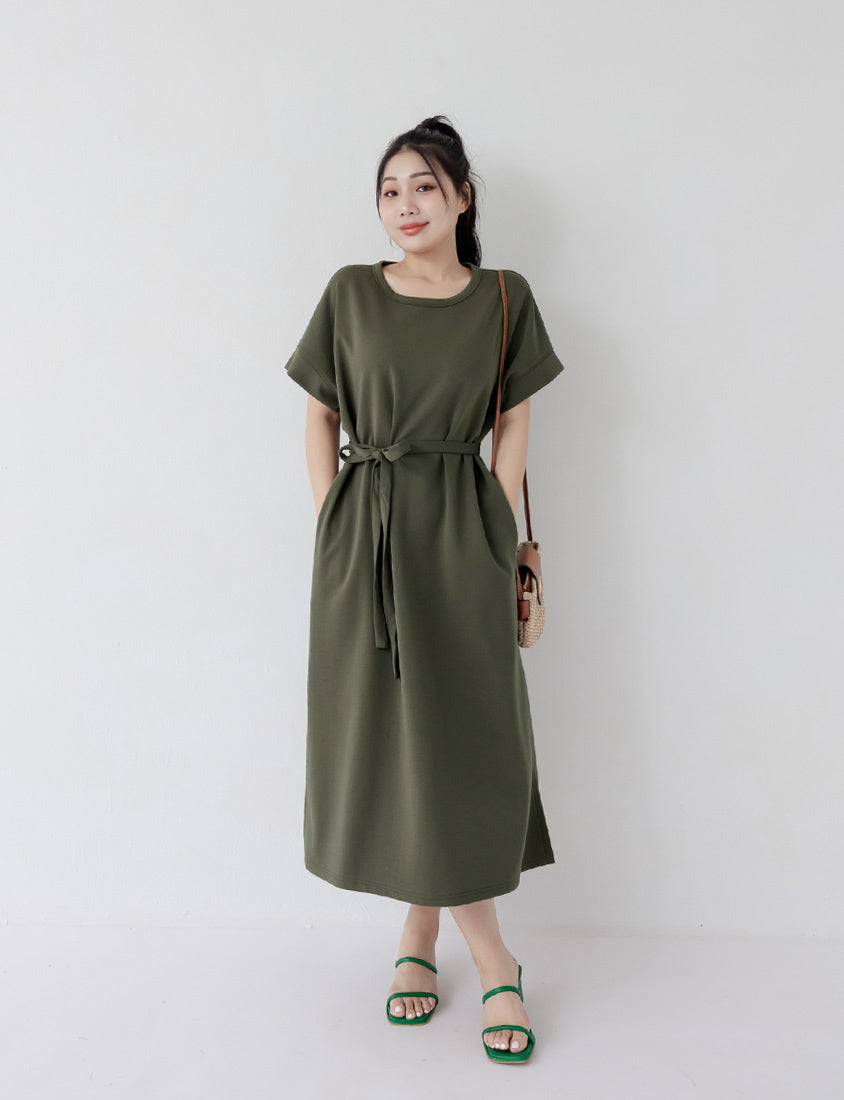 Casual Crew Neck Waist Tie Plus Size Maxi Dress