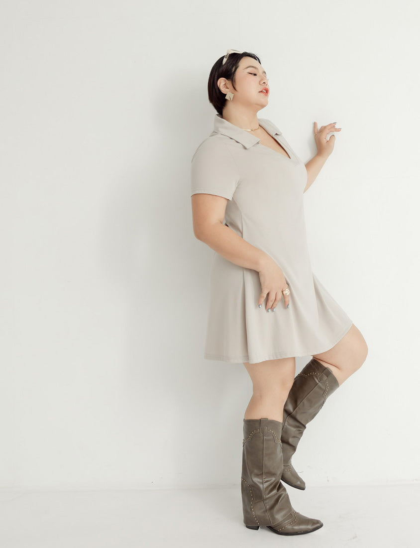 MUA! Chic Notched Collar Twill Plus Size Short Sleeve Dress