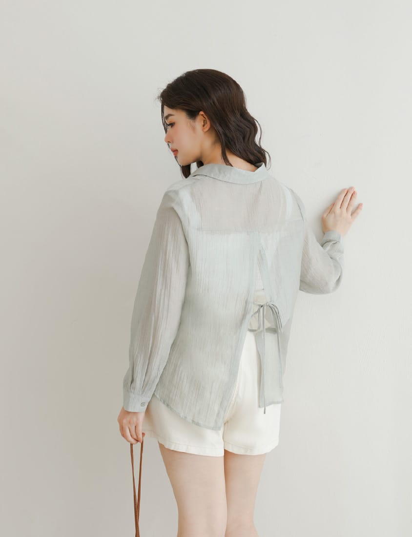 Crinkled Texture Sheer Tie-Back Plus Size Long Sleeve Shirt