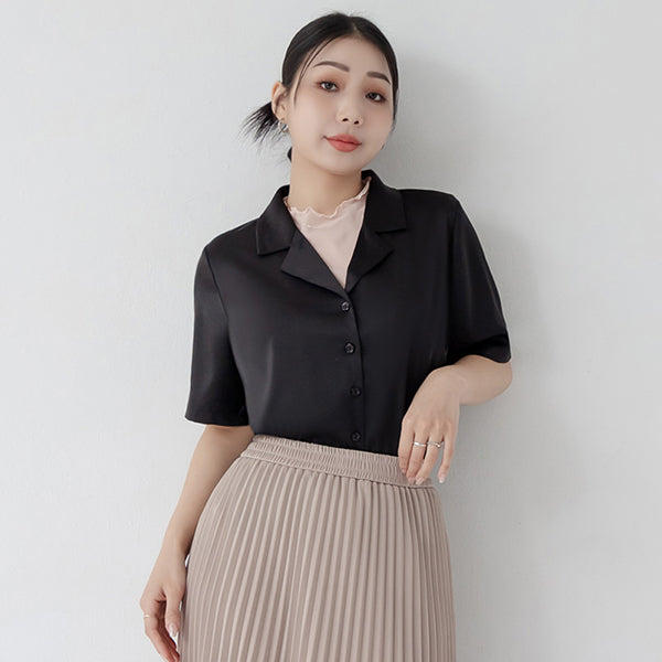 MISS. Glossy Satin Cuban Collar Plus Size Shirt With Floral Buttons