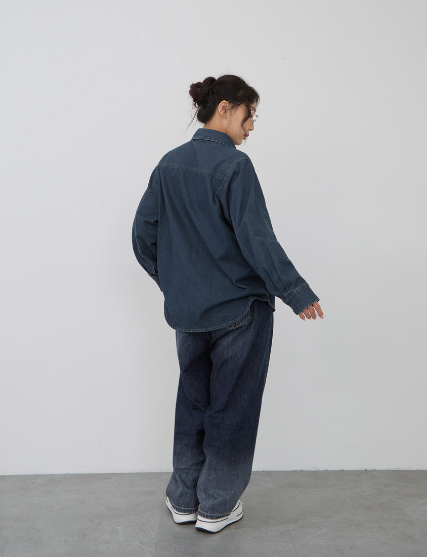 Washed Graphic Oversized Denim Plus Size Long Sleeve Shirt (Unisex)