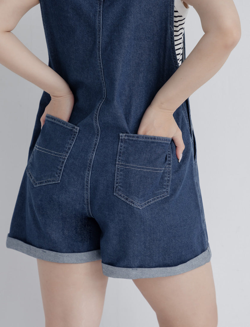 Adjustable Cuffed Denim Plus Size Overall Shorts