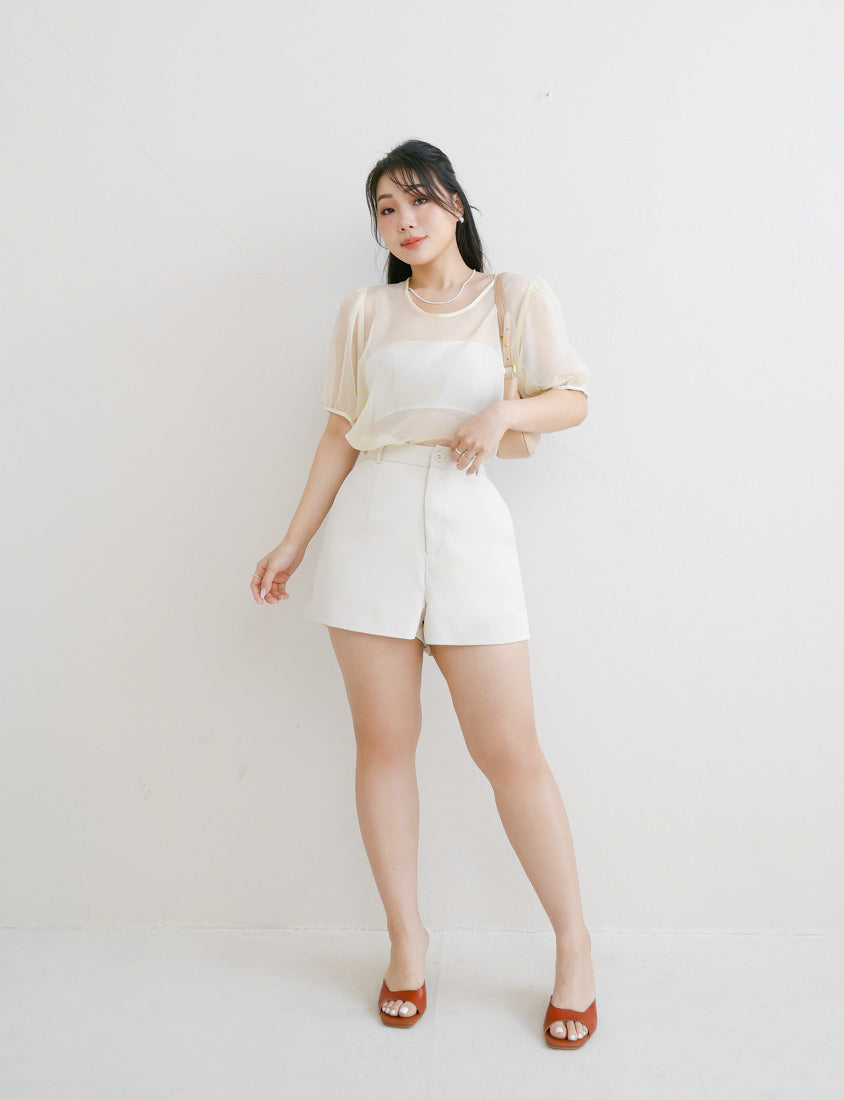 MISS. Sheer Textured Round Neck Puff-Sleeve Plus Size Blouse