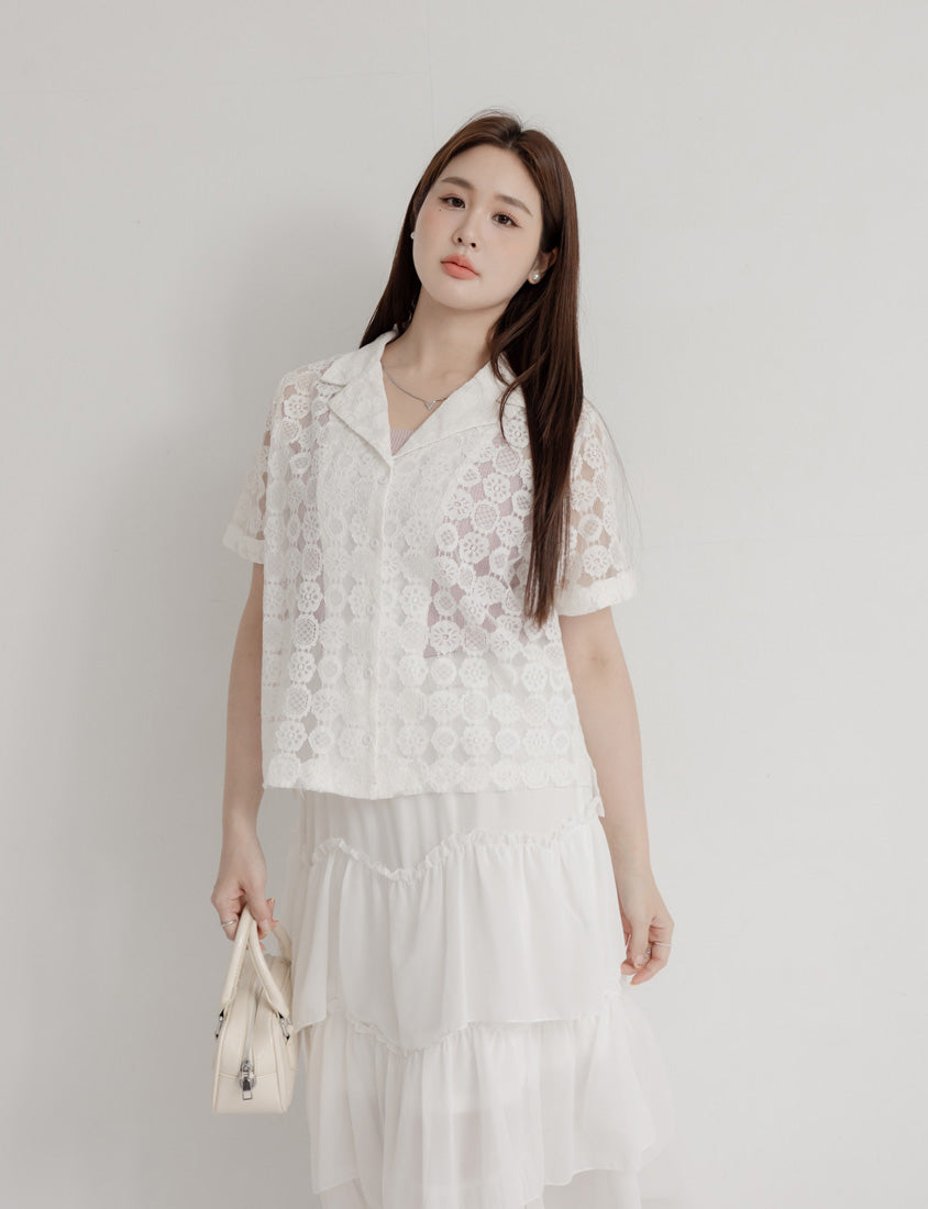 MISS. Cuban Collar Lace Eyelet Plus Size Shirt