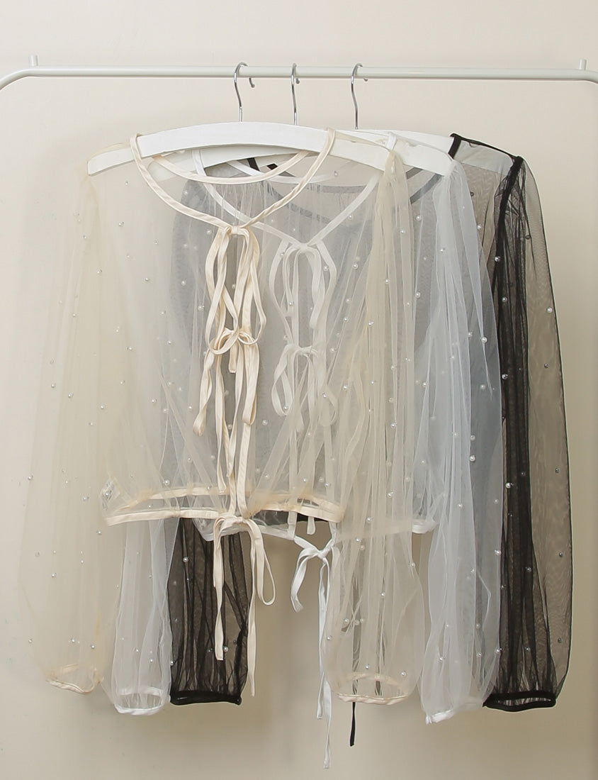 MISS. Romantic Sheer Pearl-Embellished Tie Plus Size Blouse