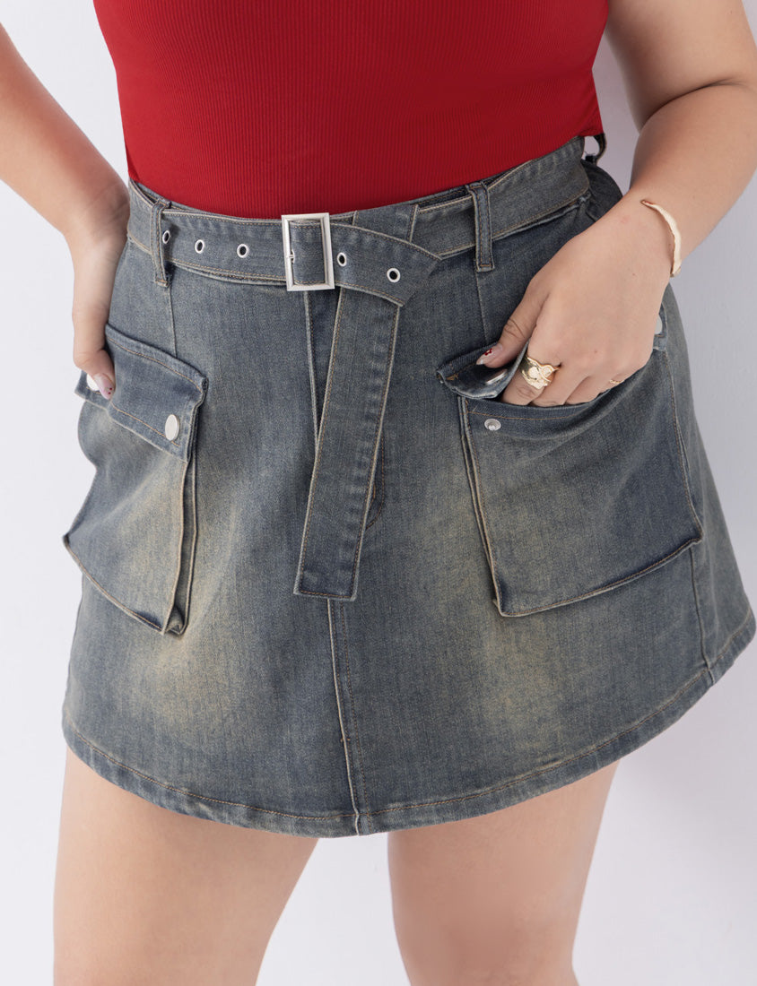 MUA! Washed Denim Plus Size Utility Skort with Belt