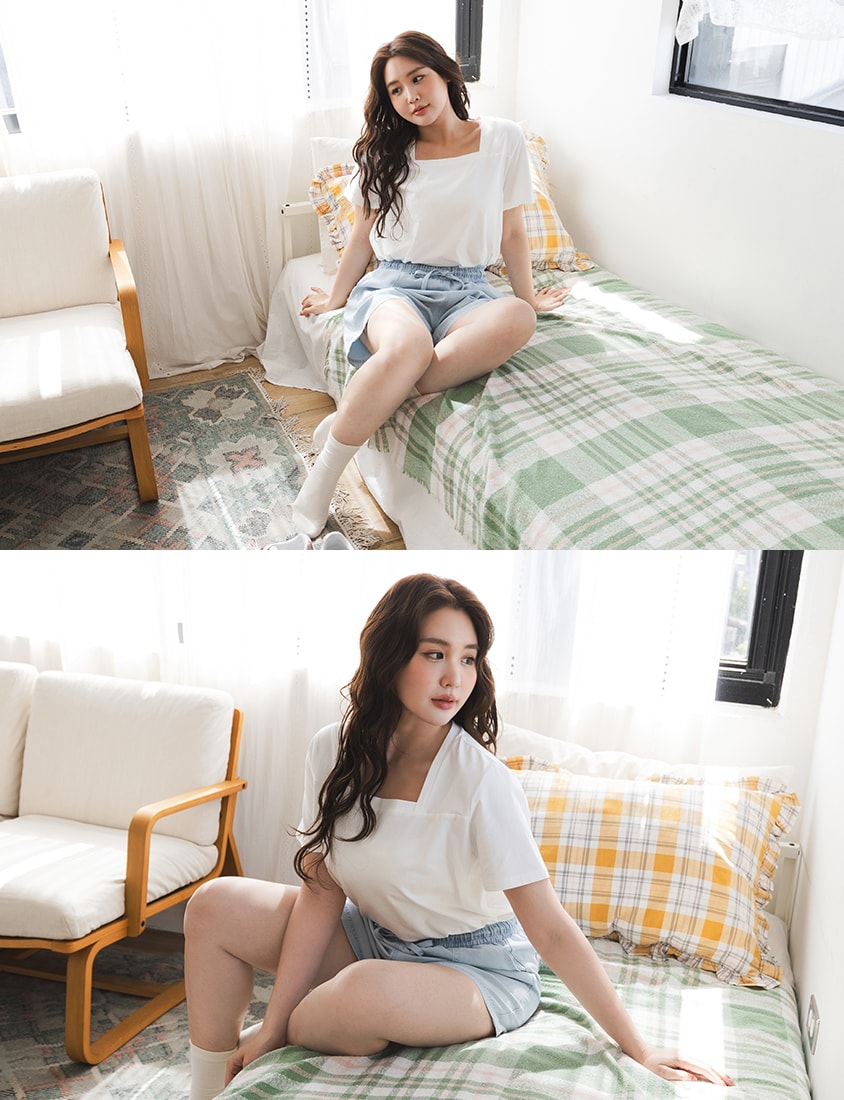 Airy Cooling Square-Neck Ice Porcelain Cotton Plus Size Tee
