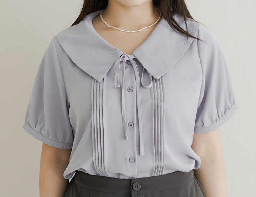 MISS. Sweet Pleated Lapel Collar Plus Size Puff Sleeve Blouse