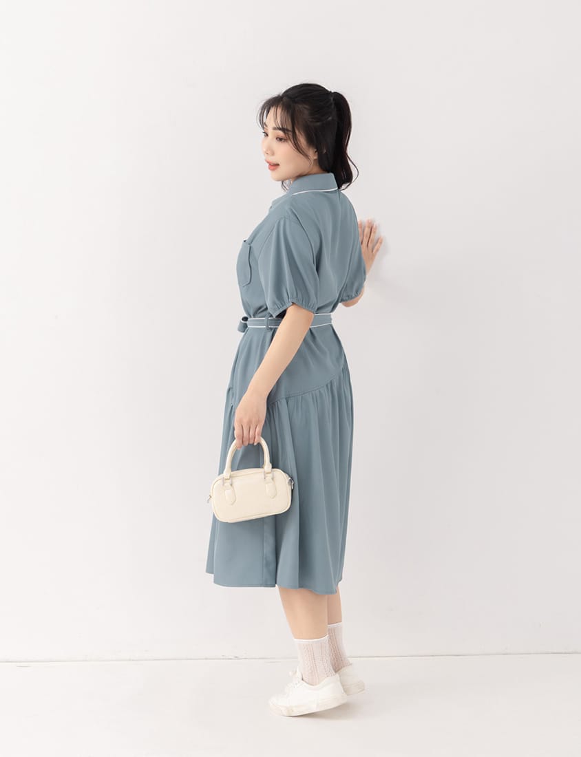 Color-Trimmed Plus Size Puff Sleeve Maxi Dress (With Waist Tie)