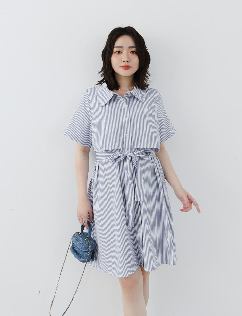 MISS. Japanese Style Striped Layered Plus Size Shirt Dress (with Belt)