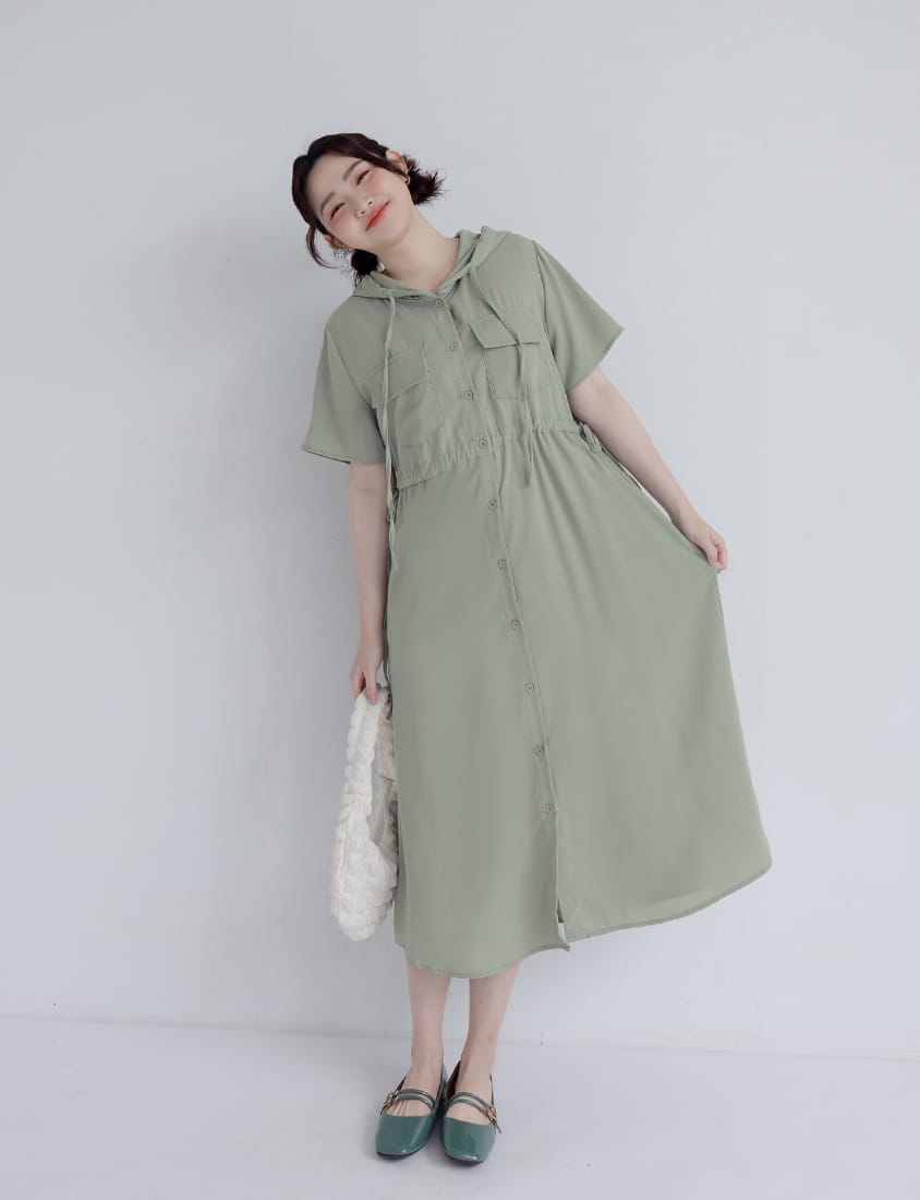 Cargo Hooded Button-Up Plus Size Maxi Dress