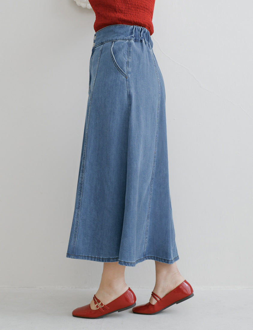 Lyocell Silky Denim Elastic Back Flare Plus Size Maxi Skirt