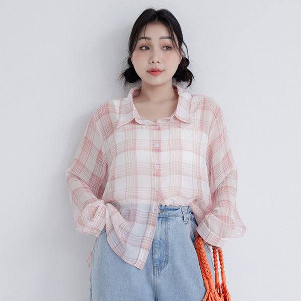 Crinkled Texture Sheer Plaid Plus Size Long Sleeve Shirt