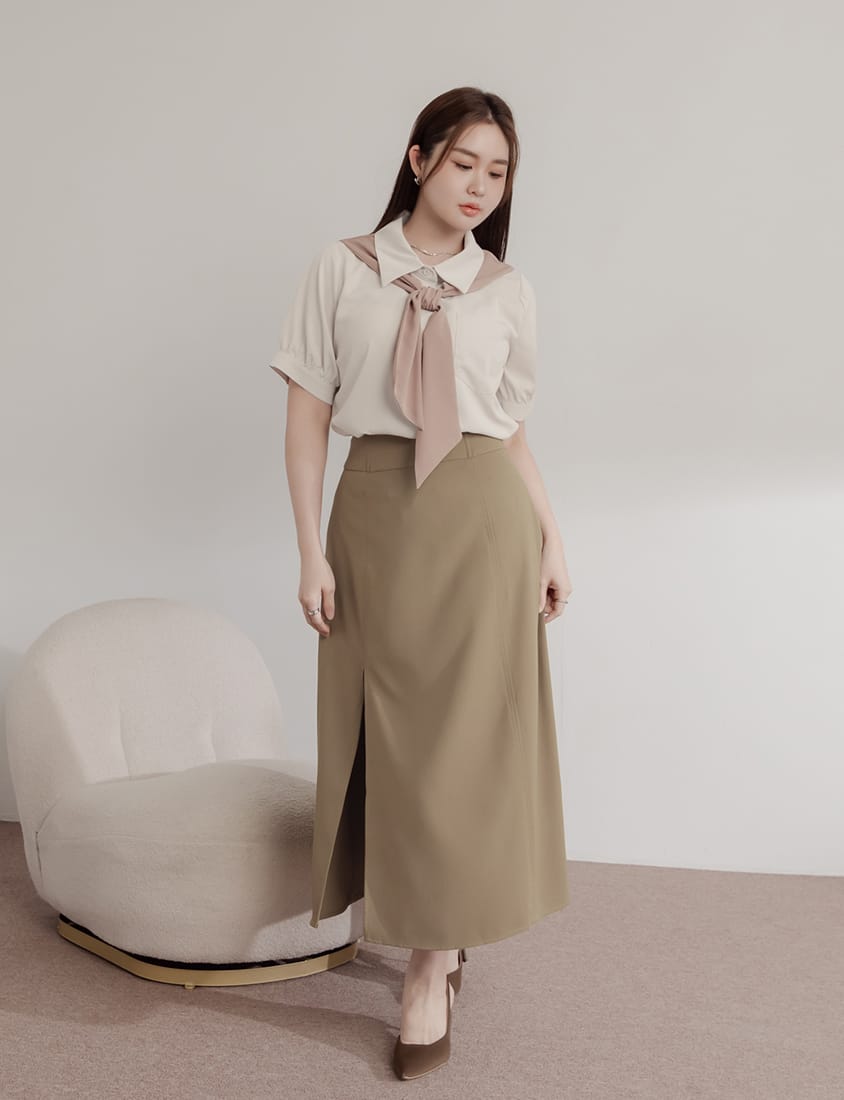 MISS. Faux Two-Piece Color-Block Bow Puff Sleeve Plus Size Blouse