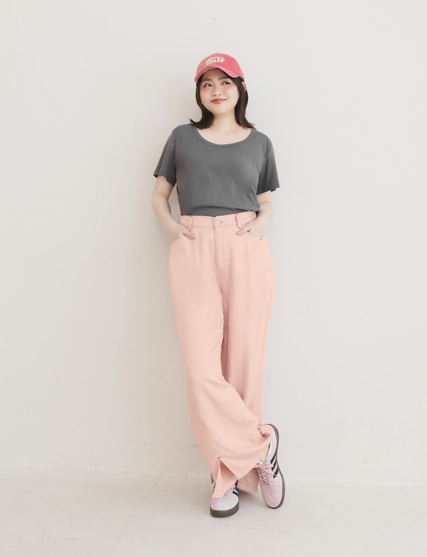 Lyocell Cooling Contrast Stitch Slit Plus Size Wide-Leg Pants