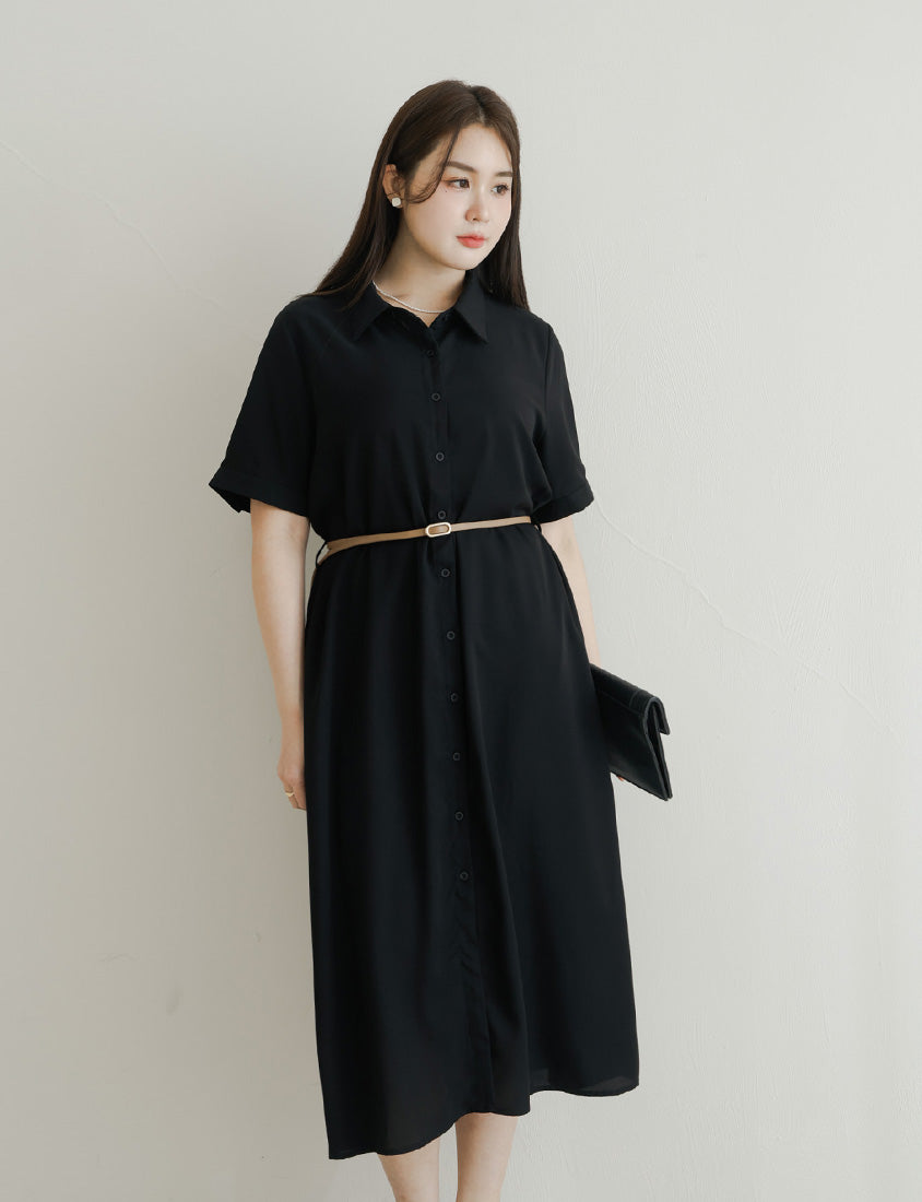 MISS. Button Twill Collar Plus Size Short Sleeve Dress (with Belt)