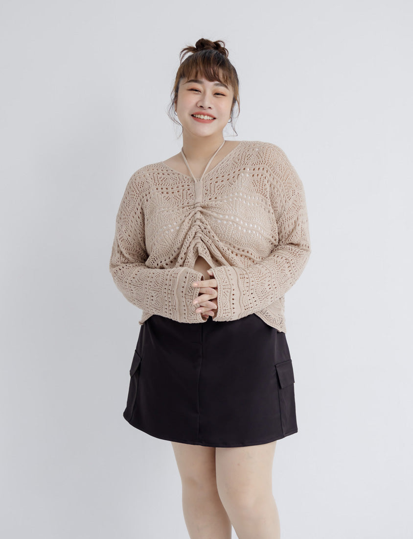 Two-Way Front-Tie Drawstring Plus Size Knit Top