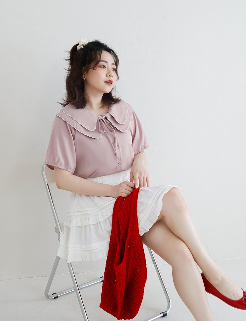 Double Layer Collar Tie Puff Sleeve Plus Size Blouse
